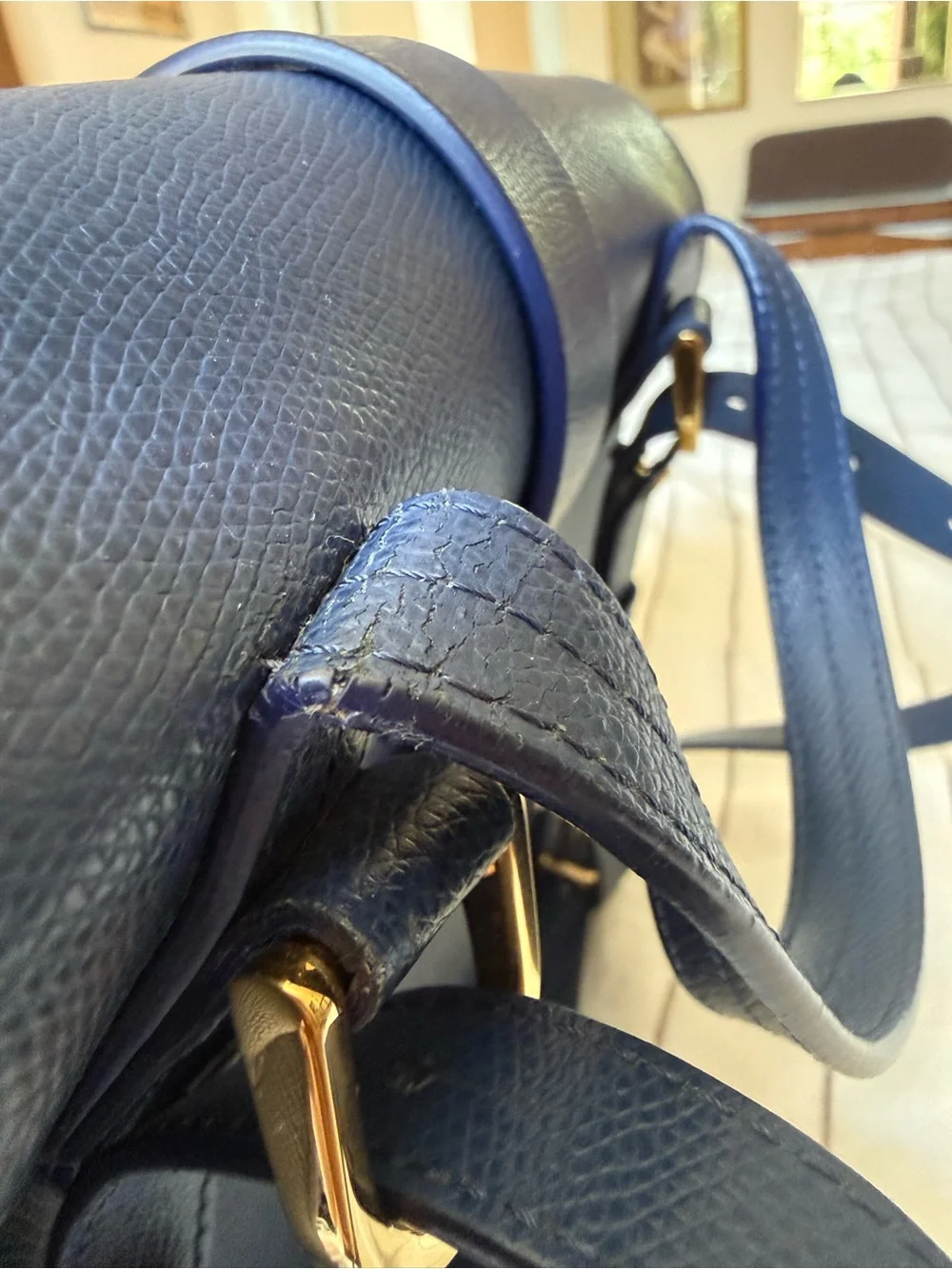 Senreve Maestra Large Navy Leather Handbag with Gold Accents